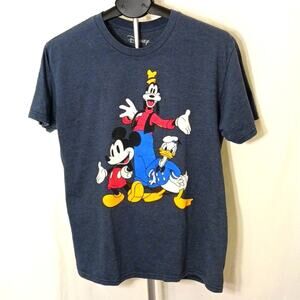DISNEY Characters T-Shirt Sz Large  GREY Pluto Mickey Donald Blue Crew Neck Vntg